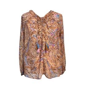 Democracy Blouse Top sz Small Sheer Gold Brown Blue Paisley Tassels Peasant Boho